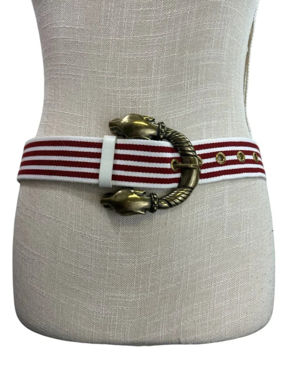 Brass Jaguar Head Buckle Red White Stripe Statement Belt Womens